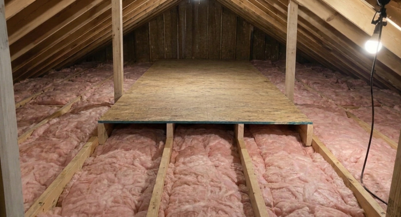 A raised attic storage platform built above insulation, with plywood decking supported by lumber risers attached to ceiling joists