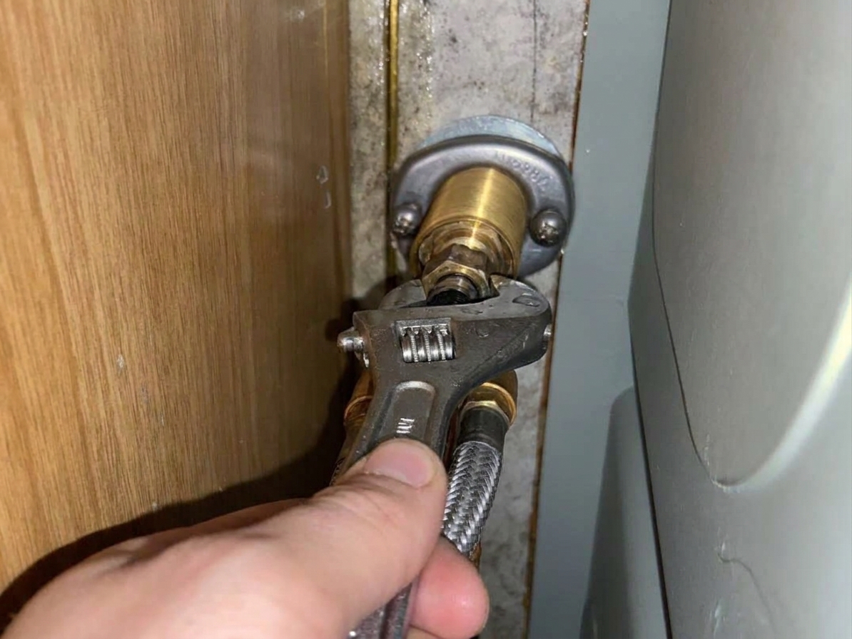 A real close-up photo of a kitchen sink shutoff valve with a braided stainless supply line being loosened with an adjustable wrench