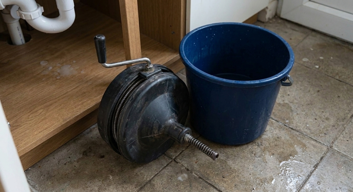 A real handheld drain auger with a coiled cable and crank handle resting on a utility room floor next to a bucket