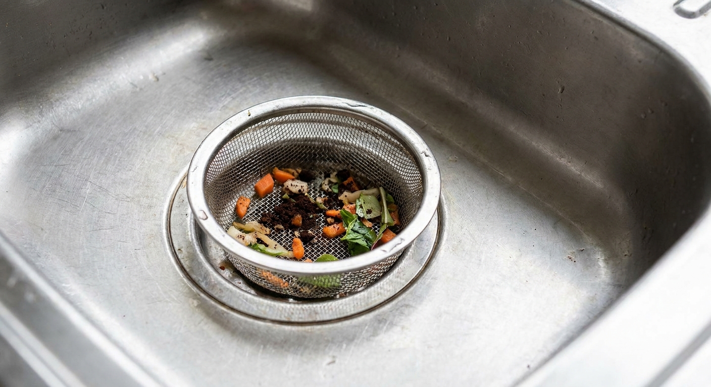 A real kitchen sink with a stainless steel basket strainer sitting in the drain opening, showing small food scraps caught in the strainer