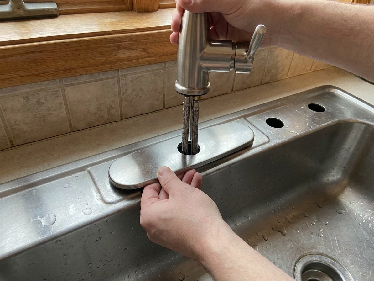 A real photo of hands positioning a stainless deck plate on a kitchen sink before setting a single-handle faucet into place