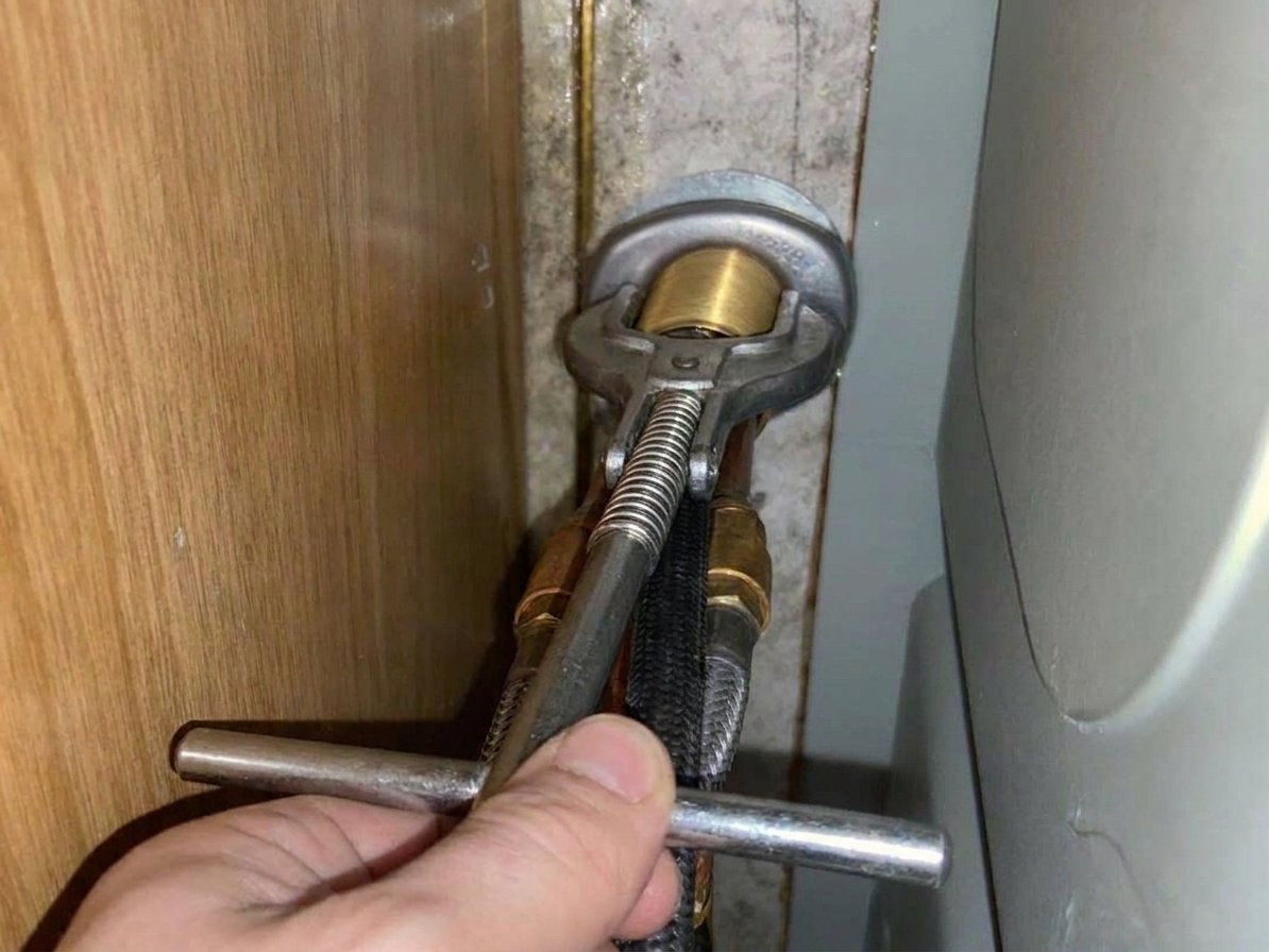 A real photo under a kitchen sink showing a basin wrench gripping a faucet mounting nut on the threaded shank