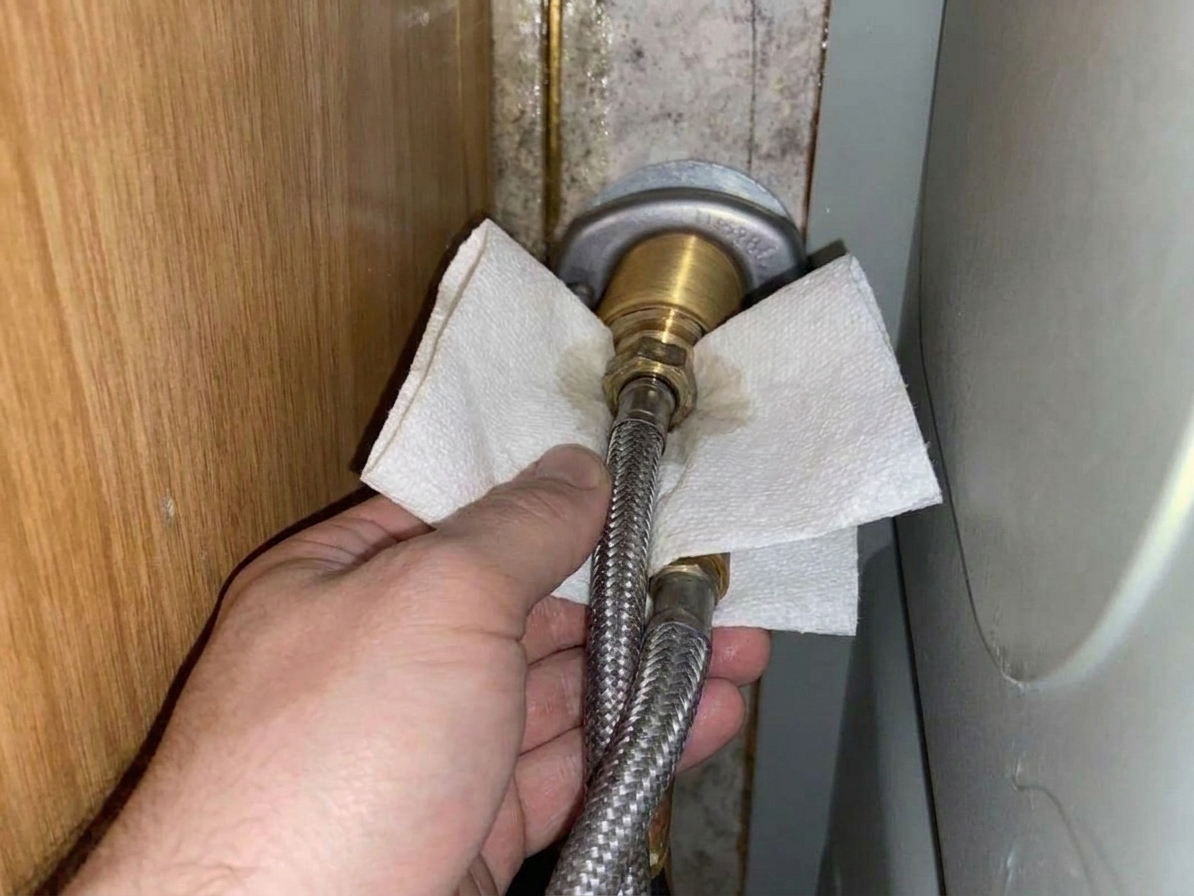 A real photo under a kitchen sink showing a hand holding a paper towel against a supply line connection to check for moisture