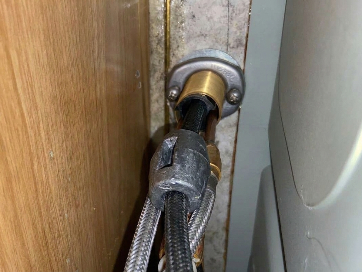 A real photo under a kitchen sink showing a pull-down faucet hose with a metal weight clipped around the hose below the sink