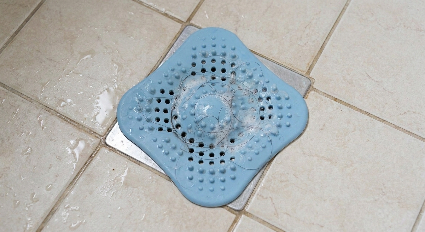 A real shower floor with a silicone hair catcher sitting over the drain, showing a small amount of trapped hair and soap residue