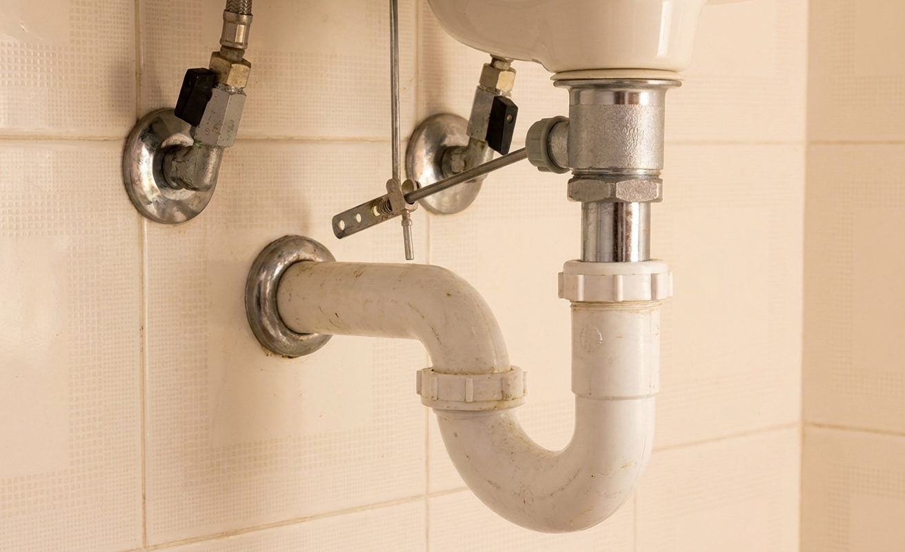 A real under-sink view of a white PVC P-trap with slip nuts, positioned beneath a bathroom sink drain tailpiece