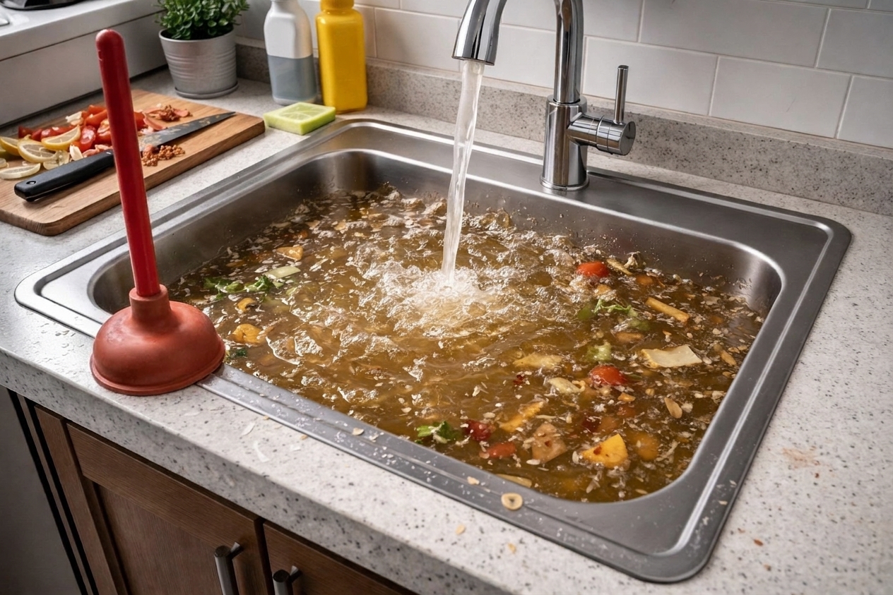 A red cup-style plunger sitting on a kitchen counter next to a sink, ready for drain plunging