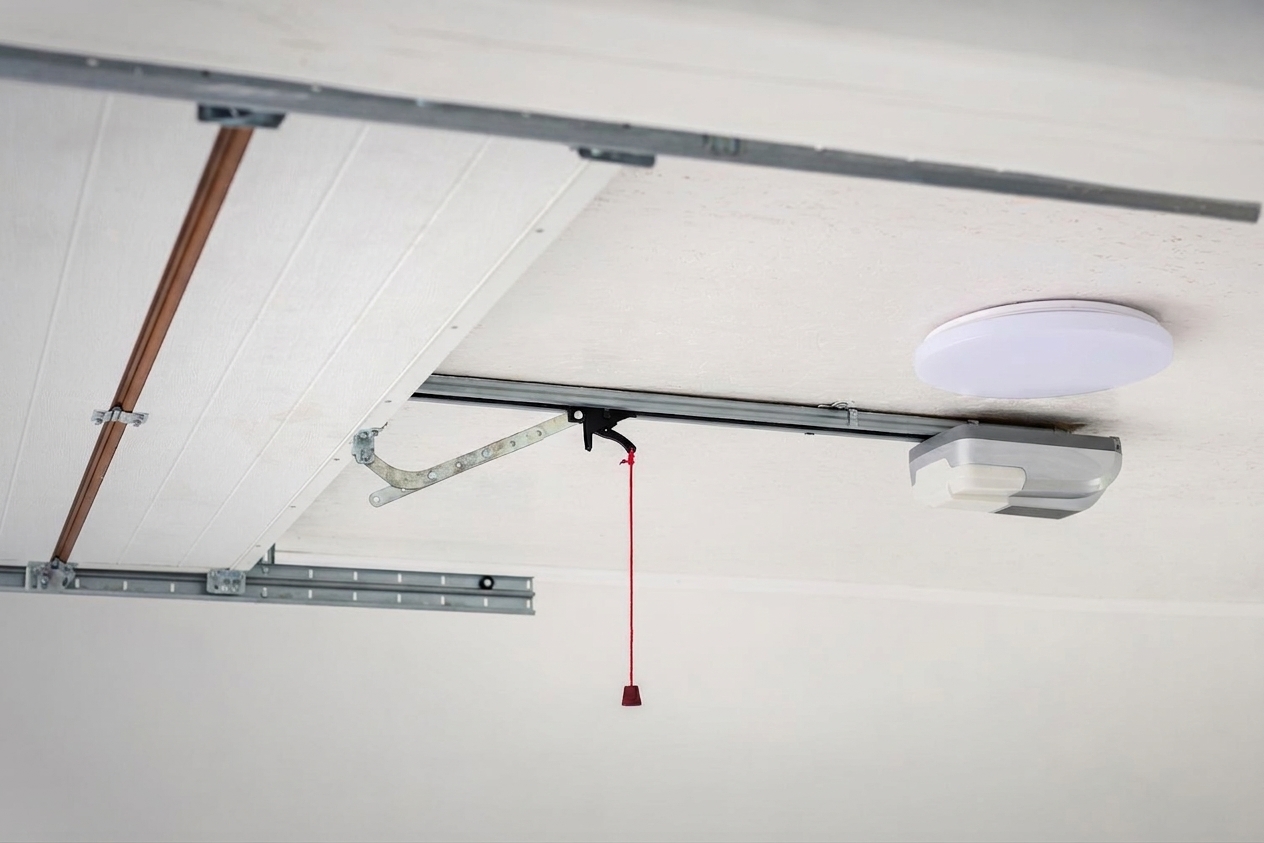 A red emergency release cord hanging from the garage door opener trolley on the ceiling rail