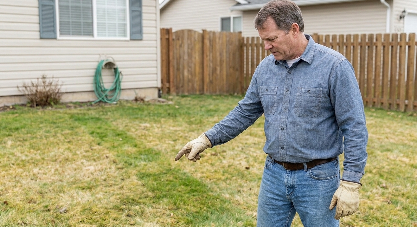 A residential backyard with a narrow, noticeably greener strip of grass running across the lawn, suggesting a buried sewer line path