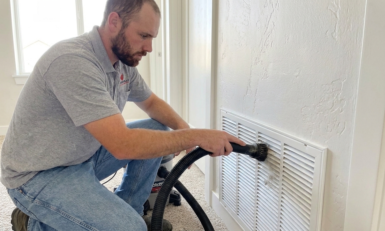 A return air grille in a hallway wall with a vacuum attachment cleaning dust from the slats