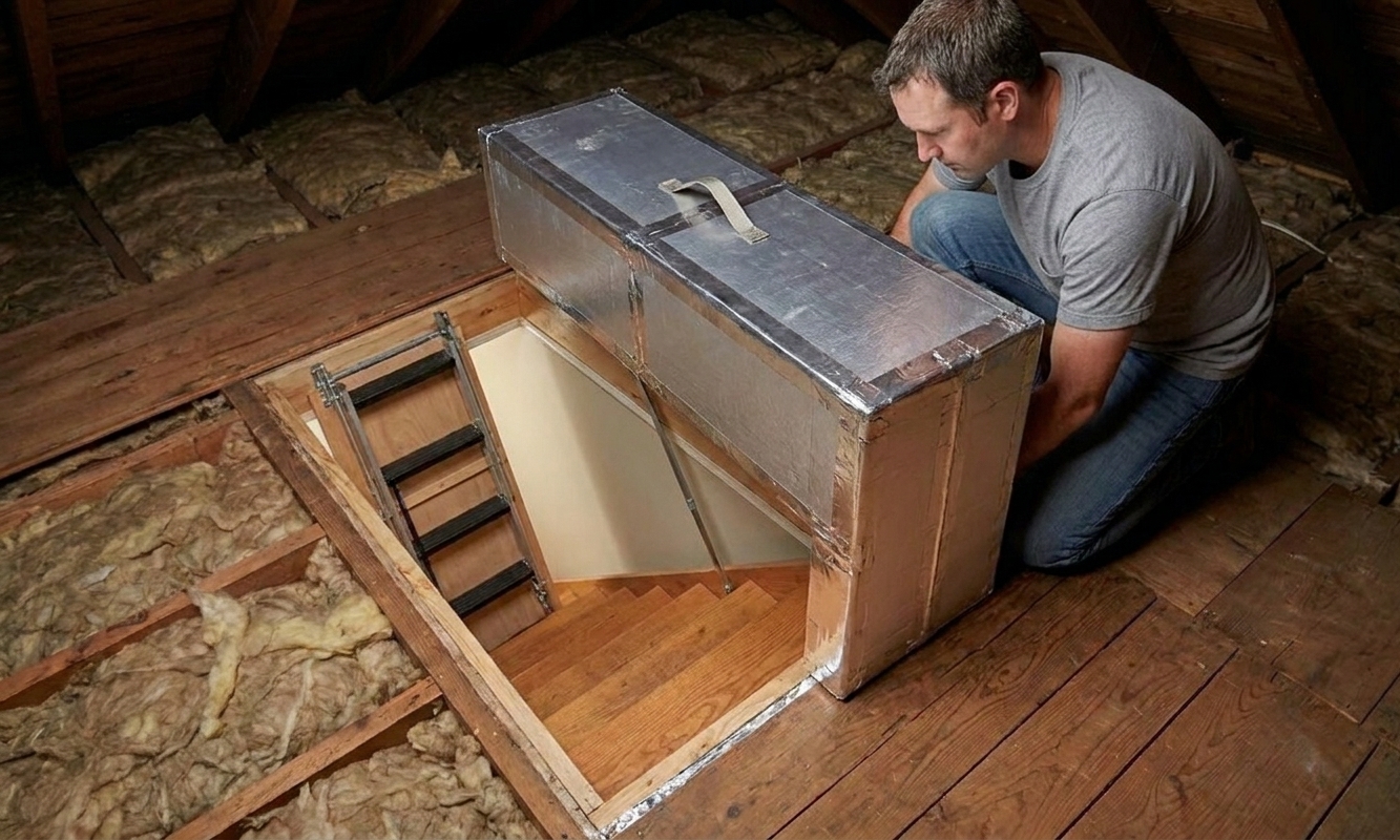A rigid foam insulation box sitting on an attic floor next to an attic stair opening, showing taped seams and a simple pull handle