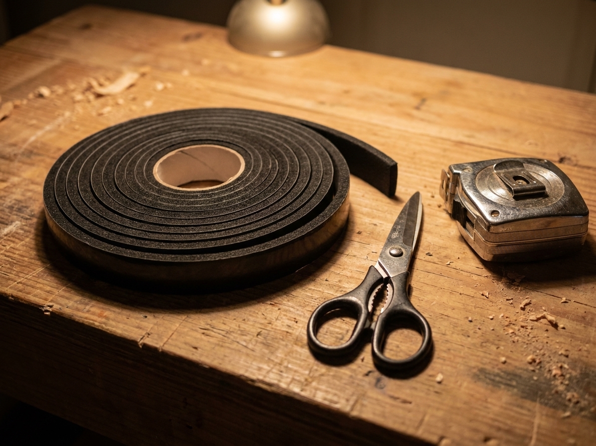 A roll of closed-cell foam weatherstripping tape next to scissors and a tape measure on a workbench