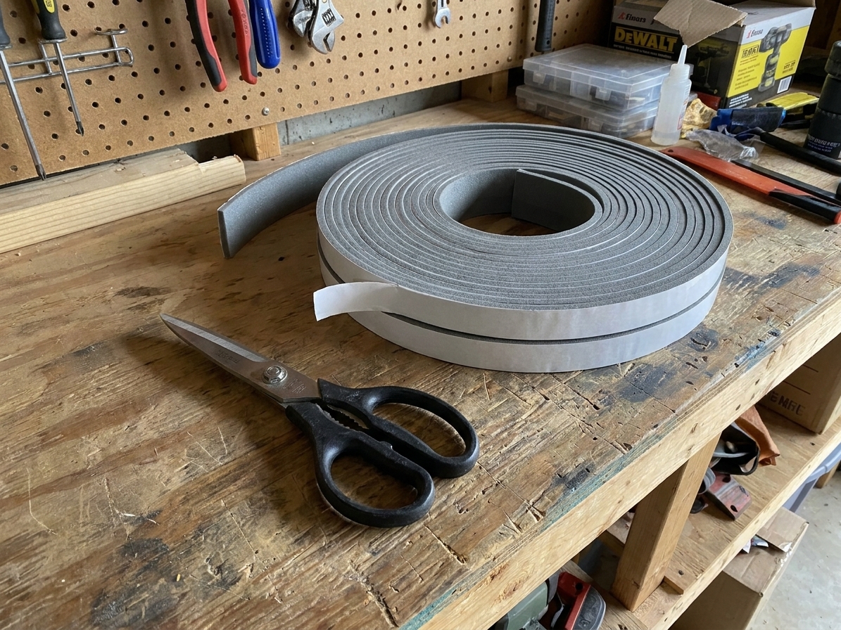 A roll of closed-cell foam weatherstripping tape on a workbench next to scissors