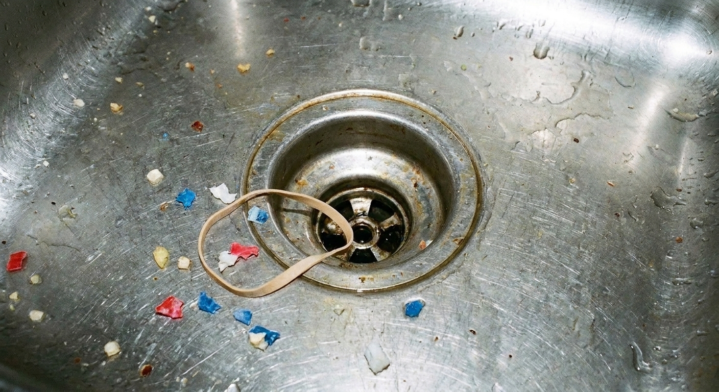 A rubber band and small bits of plastic sitting near a kitchen sink drain opening