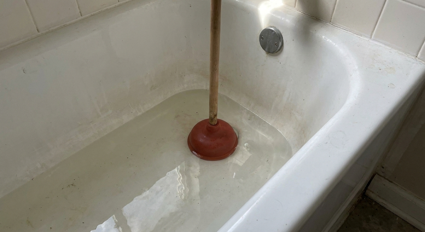A rubber cup plunger positioned over a bathtub drain with a few inches of water in the tub