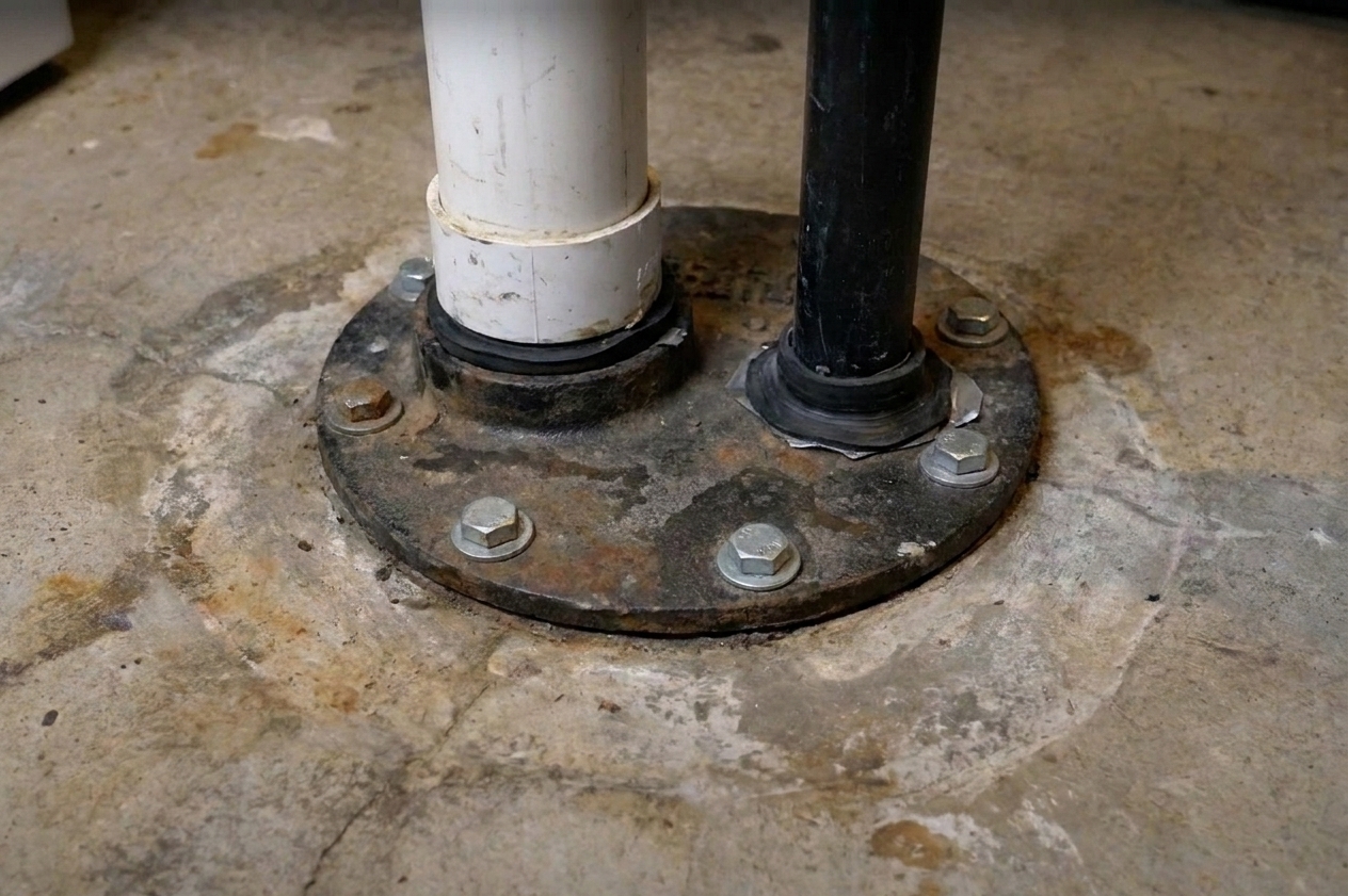 A sealed sewage ejector pit lid in a basement floor with bolts and pipe penetrations