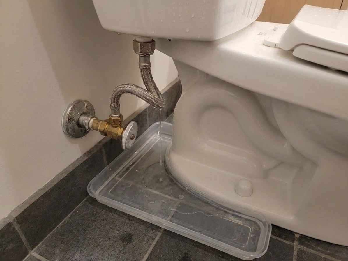 A shallow plastic drip tray positioned behind and under the tank area of a toilet to catch condensation drips