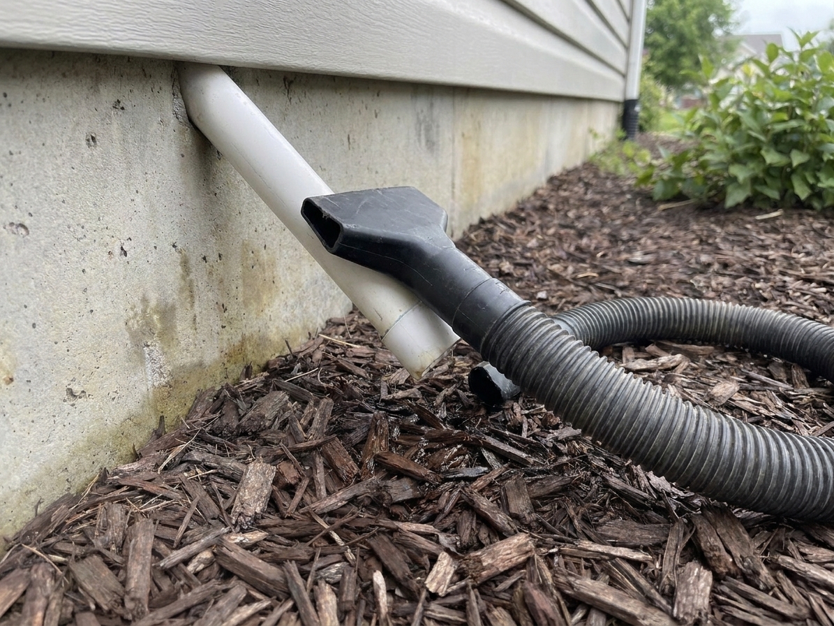 A shop vacuum hose held tightly against an exterior PVC condensate drain outlet on a house wall