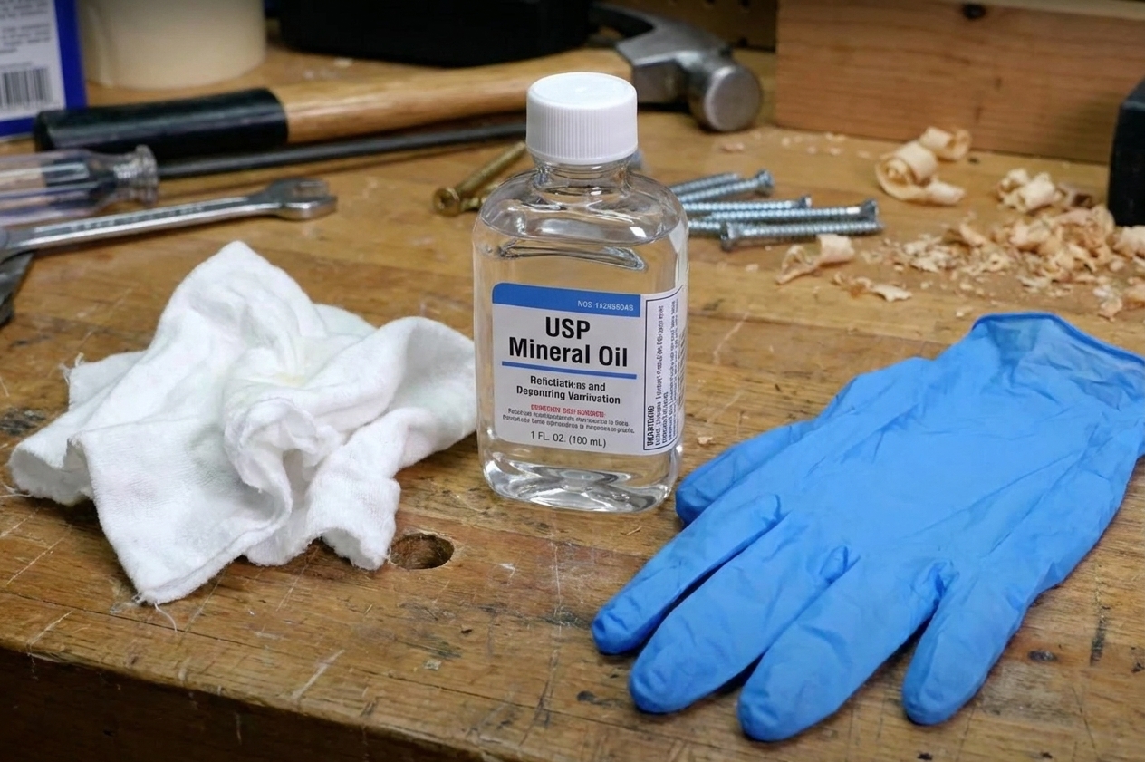 A small bottle of USP mineral oil on a workbench next to a rag and disposable gloves