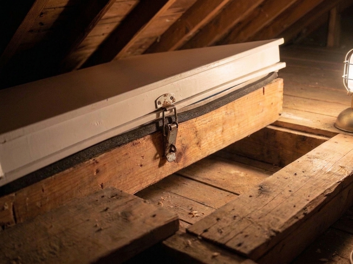 A small metal draw latch installed on an attic access door frame, shown closed and pulling the door snug against the stop