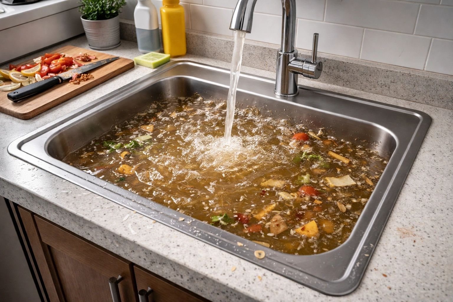 A stainless steel kitchen sink basin holding standing water with small food bits around the drain opening, real-life home photo
