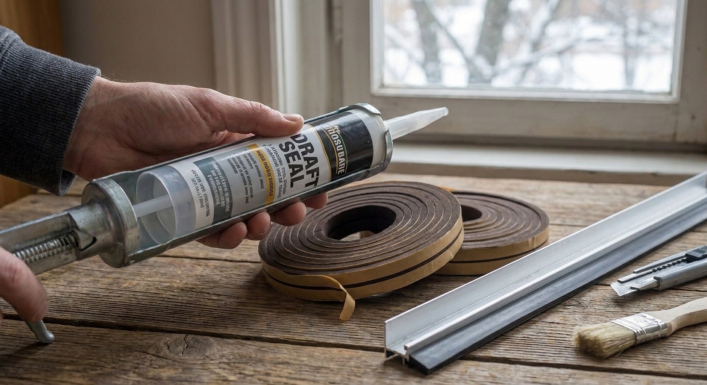 A tabletop photo of DIY draft-sealing supplies including a tube of caulk, foam weatherstripping rolls, and an aluminum door sweep