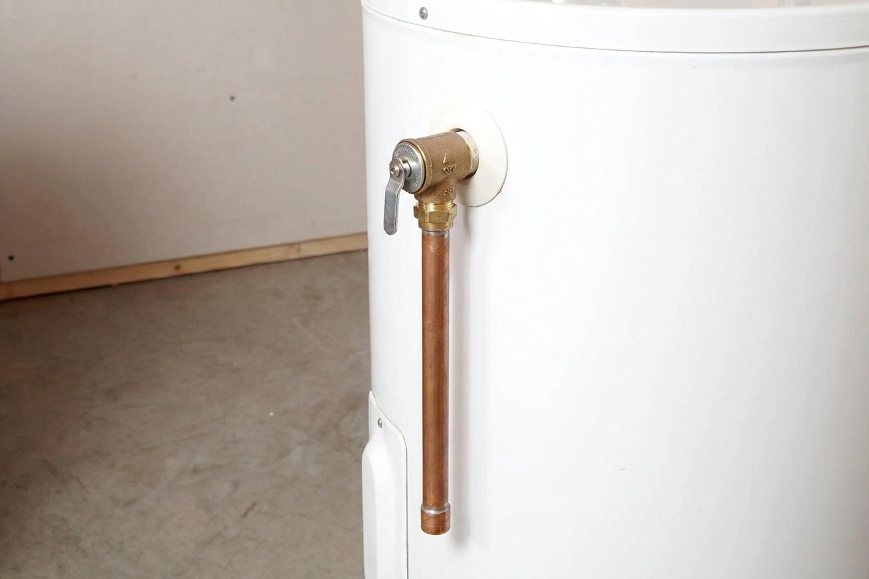 A temperature and pressure relief valve on the side of a water heater with the discharge pipe running downward