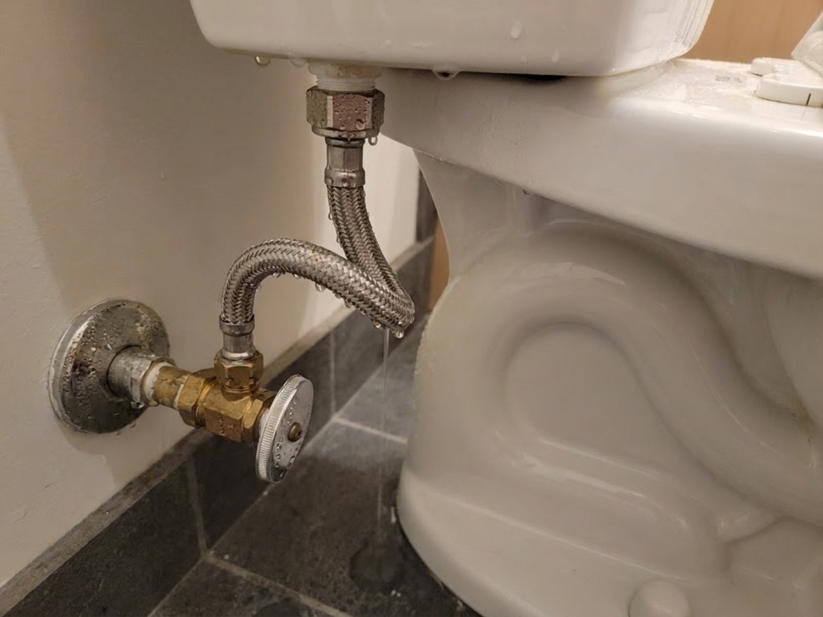 A toilet shutoff valve with a braided supply line and compression nut connection, common points for small drips or condensation