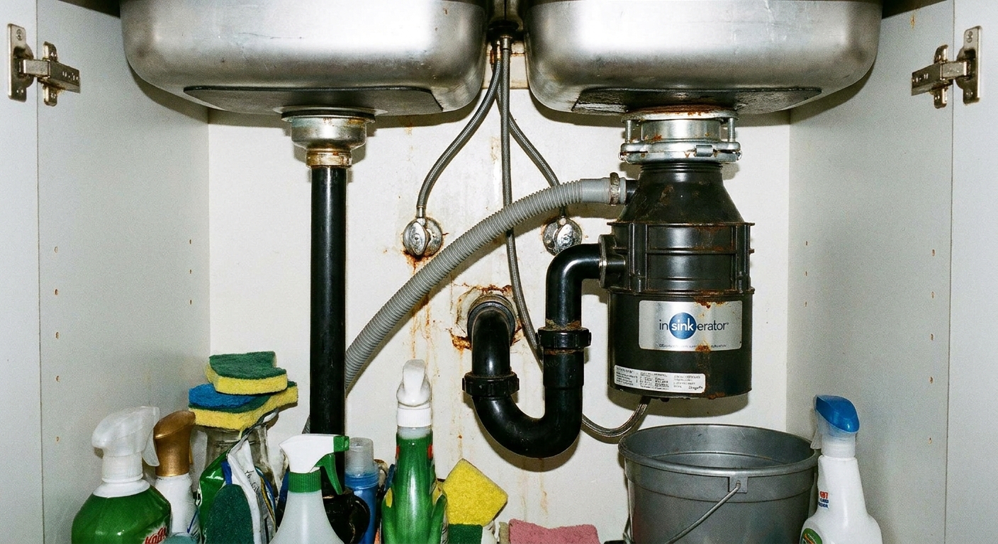 A typical garbage disposal mounted under a stainless steel kitchen sink with visible drain pipe and dishwasher hose connection