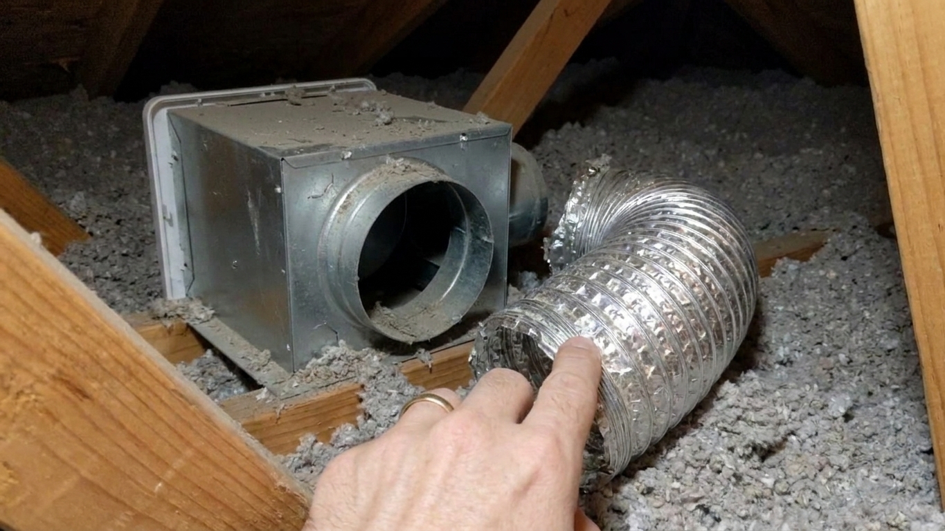A view in an attic showing a flexible bathroom exhaust duct slipped off the fan housing connection, with insulation visible around the fan box