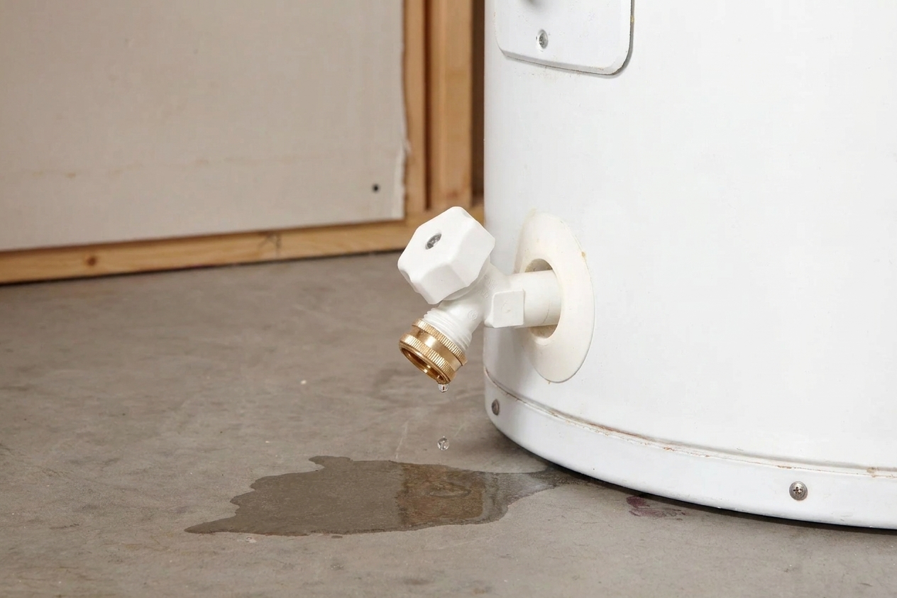 A water heater drain valve near the bottom of the tank with a small droplet of water hanging from the outlet