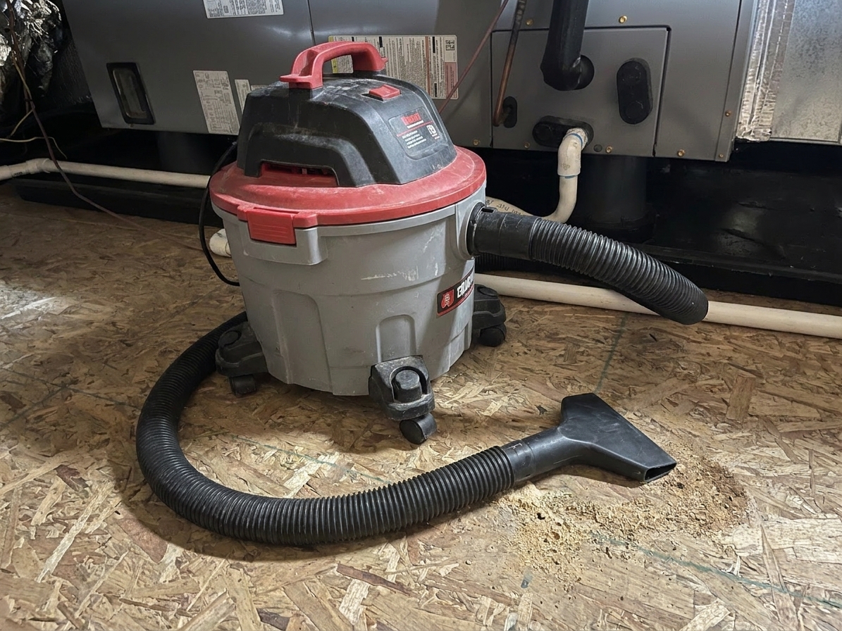 A wet-dry shop vacuum sitting on a garage floor with the hose attached and a wide nozzle ready for suction