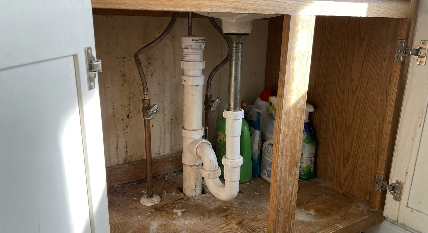 A white air admittance valve installed upright on a vertical pipe under a bathroom sink inside a vanity cabinet