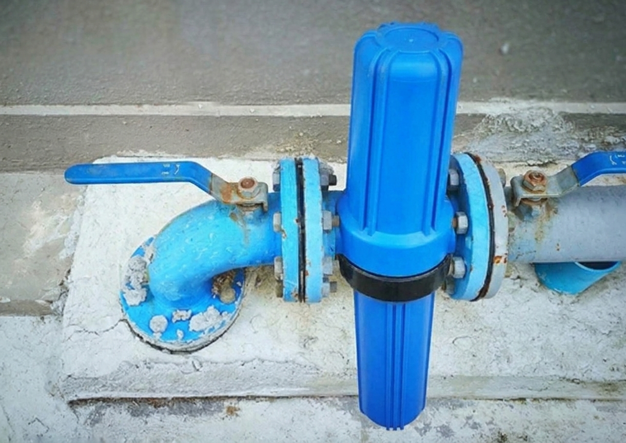 A whole-house water filter housing mounted near the main water line with shutoff valves on either side