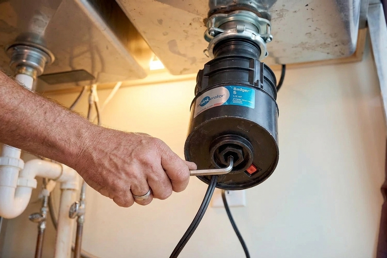 An Allen wrench inserted into the hex socket on the bottom of a garbage disposal while a person turns it