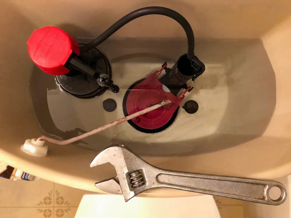 An adjustable wrench resting on the rim of an open toilet tank next to the fill valve and float