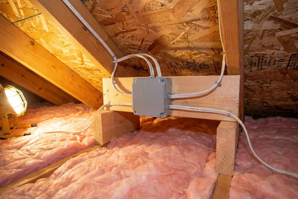 An attic electrical junction box mounted on a raised board above the level of attic insulation so the cover remains accessible