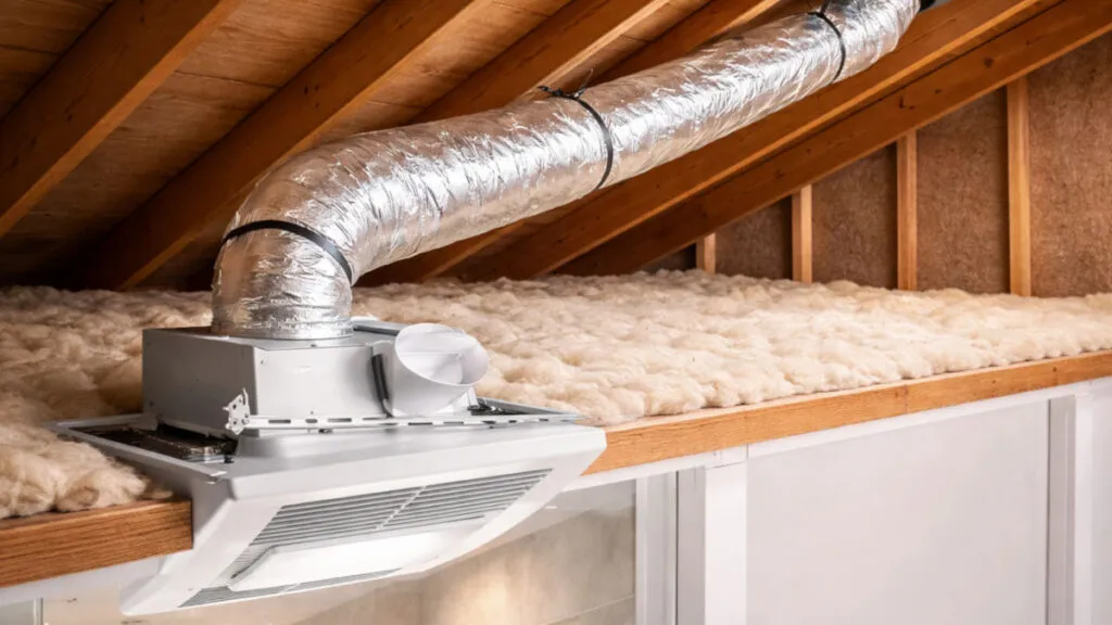 An attic view showing a bathroom exhaust fan connected to flexible ductwork, with the duct sagging between rafters