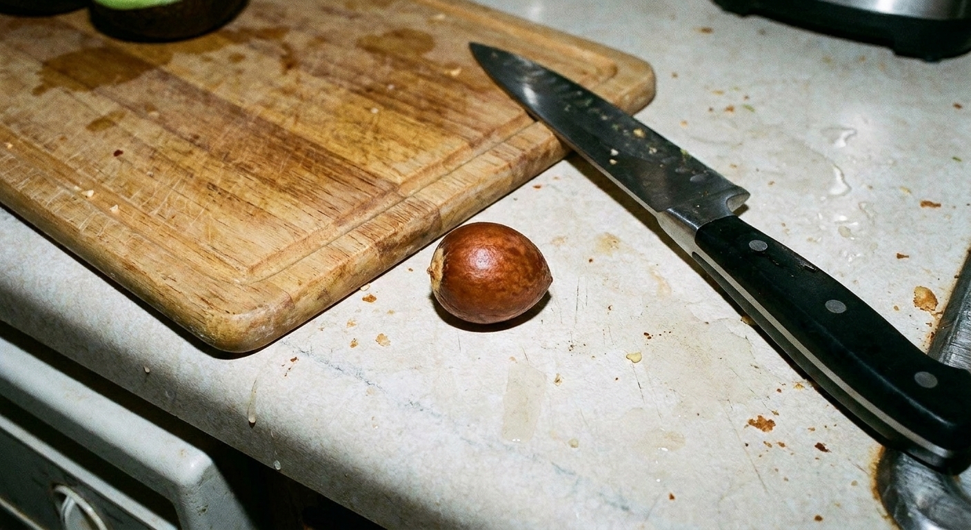 An avocado pit sitting on a kitchen counter next to a cutting board and knife