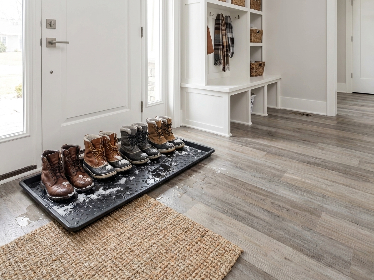 An entryway with wet winter boots placed in a rubber boot tray on a high-traffic floor near the front door