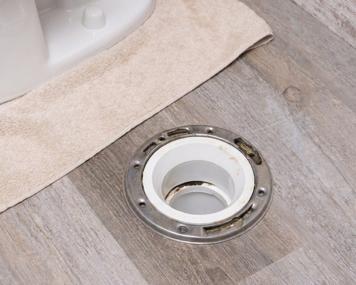 An exposed toilet closet flange on a finished bathroom floor with bolt slots visible after the old wax has been scraped away