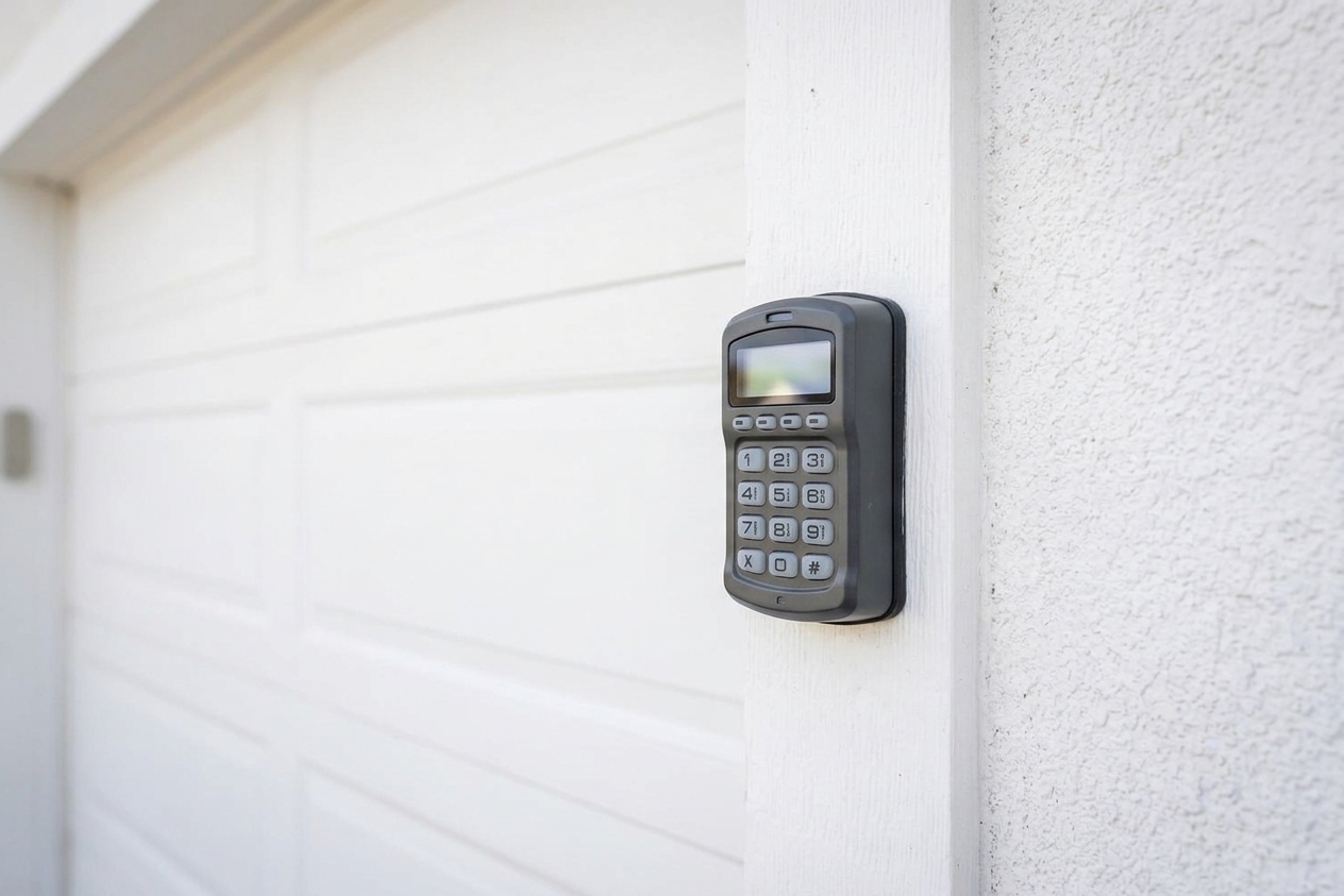 An exterior garage door keypad mounted on the door frame next to a closed garage door, photographed in daylight