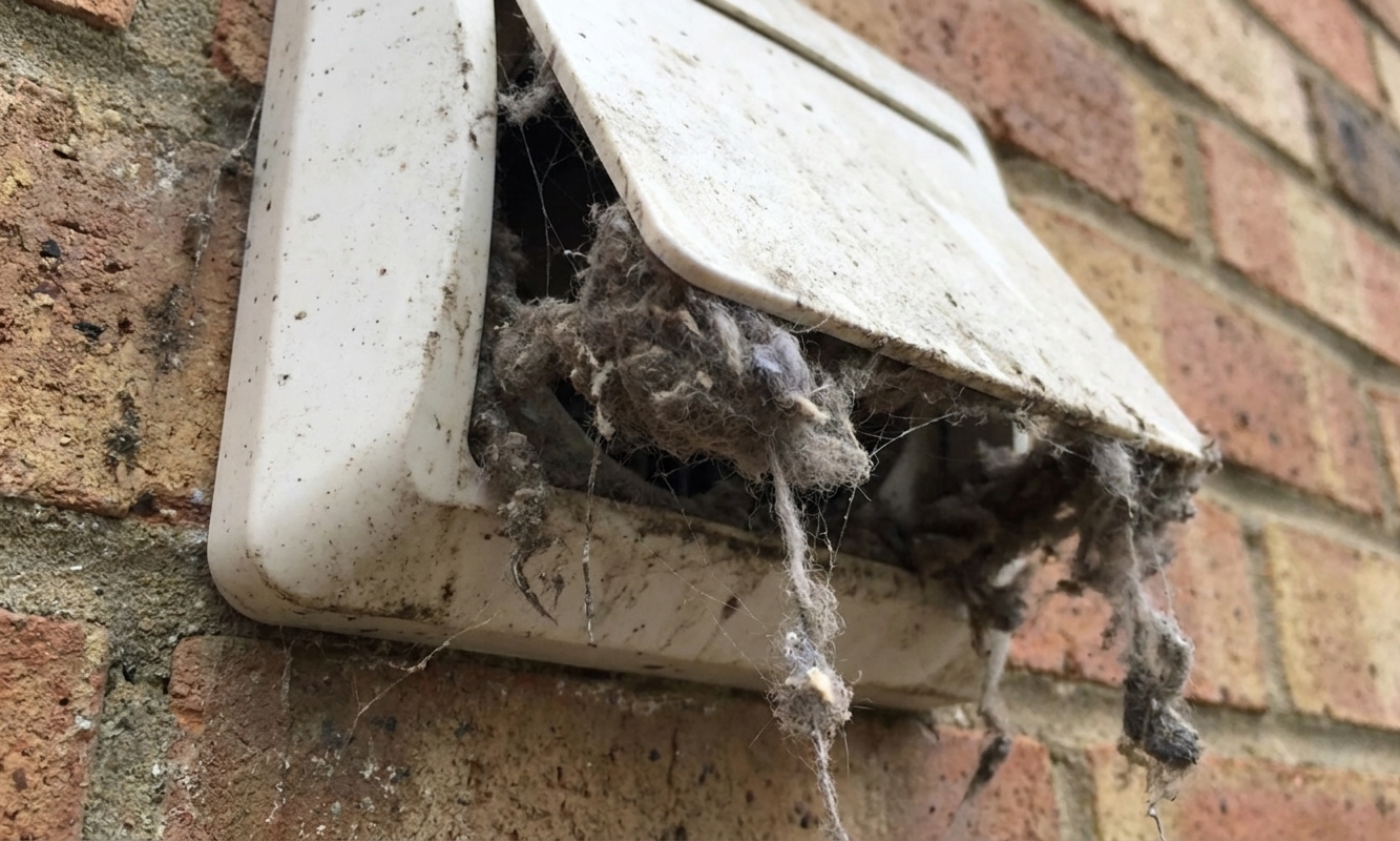 An exterior wall-mounted bathroom vent hood with lint and debris caught around the flap opening