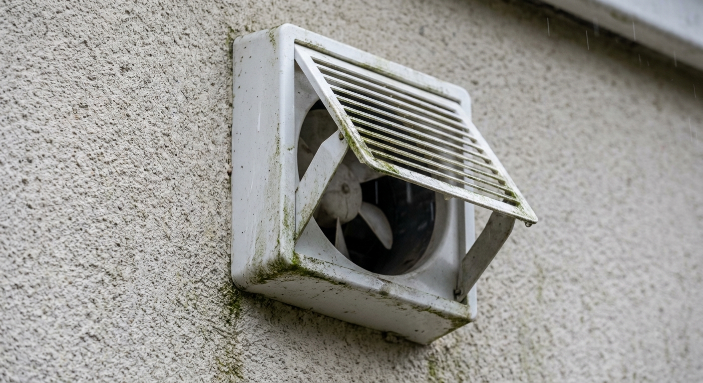An exterior wall vent cap for a bathroom exhaust fan with the flap partially open
