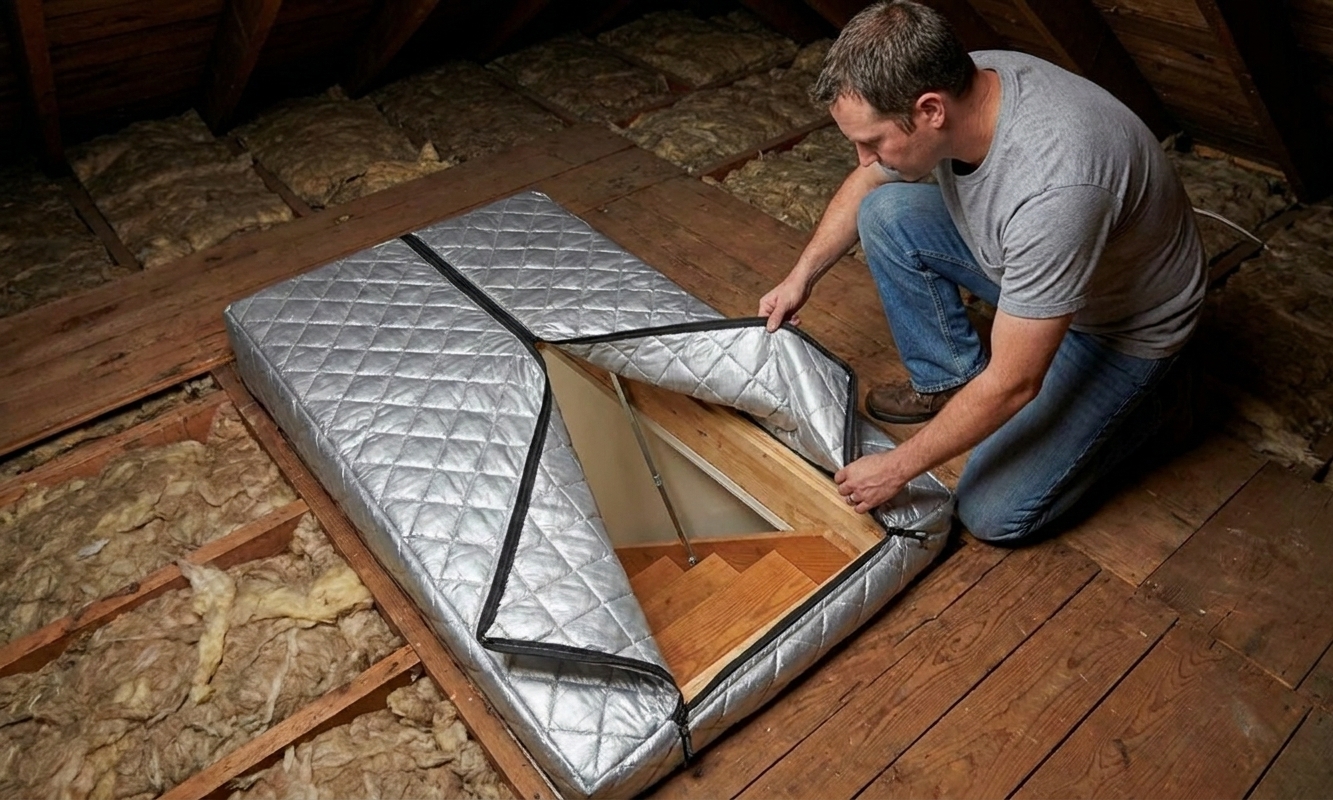 An insulated zippered attic stair cover installed on the attic floor around a pull-down stair opening, with the zipper partially open
