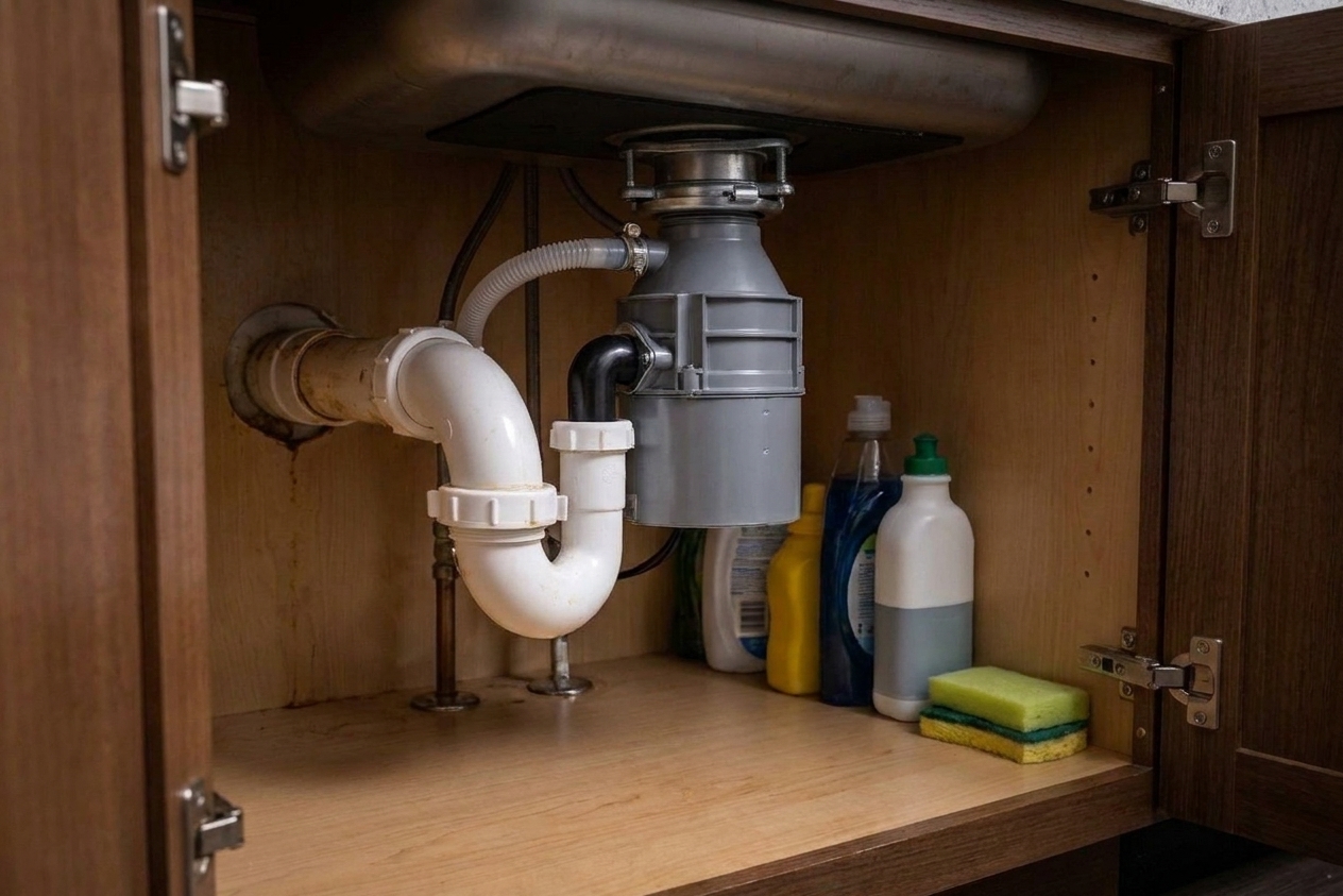 An under-sink photo showing a garbage disposal unit with drain pipe and a small hose connection on the side