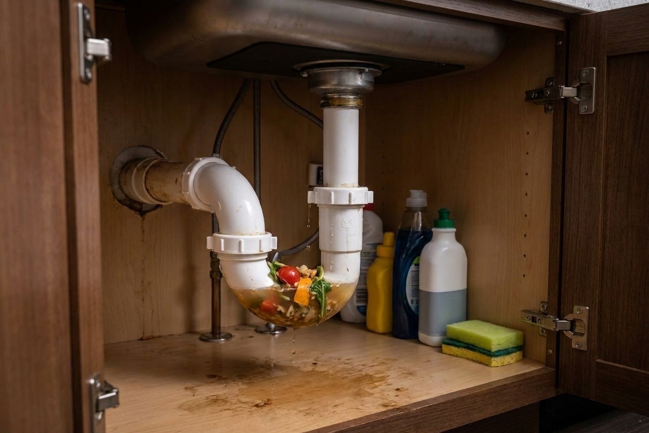 An under-sink view showing a white plastic P-trap and slip-joint connections beneath a kitchen sink