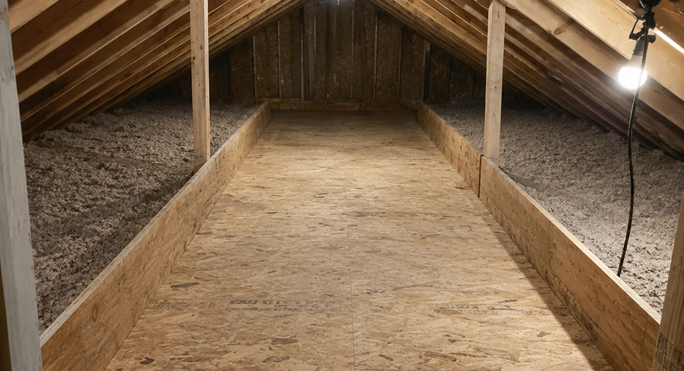 An unfinished attic floor with fiberglass batt insulation between ceiling joists and a sheet of plywood being test-fit for a storage platform