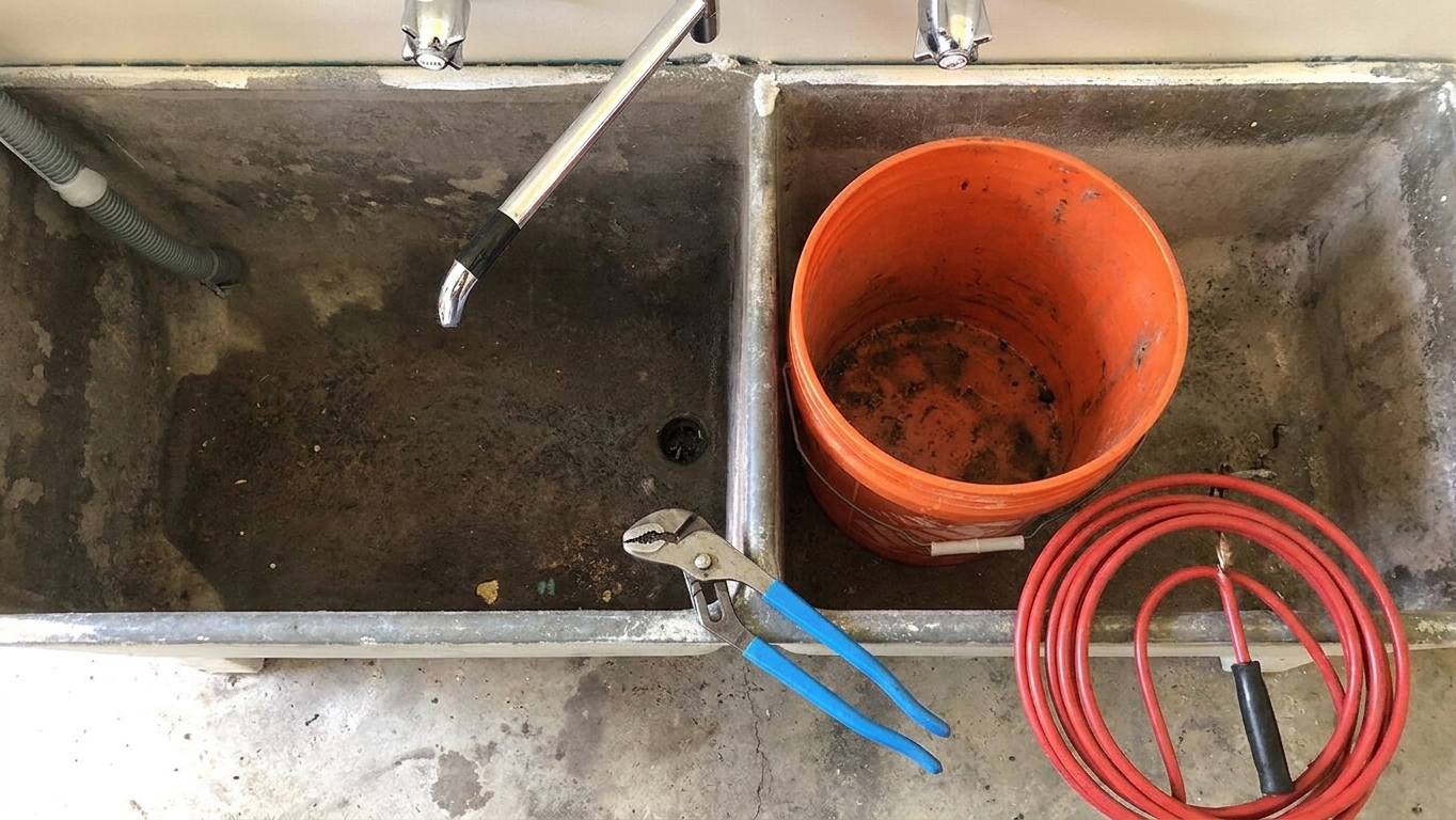Channel-lock pliers, a plastic bucket, and a small hand drain snake set on a concrete floor next to a utility sink