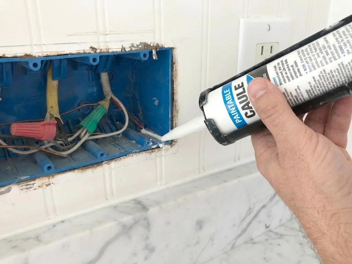 Close-up of a thin bead of paintable caulk being applied between a plastic electrical box and the surrounding drywall cutout